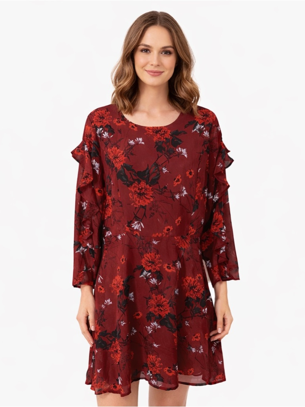 Lucky Brand Women’s Red Floral Dress Size 2 Ruffle Sleeve Keyhole Back Lined